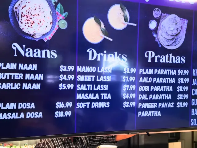 Indian menu at a food court stop