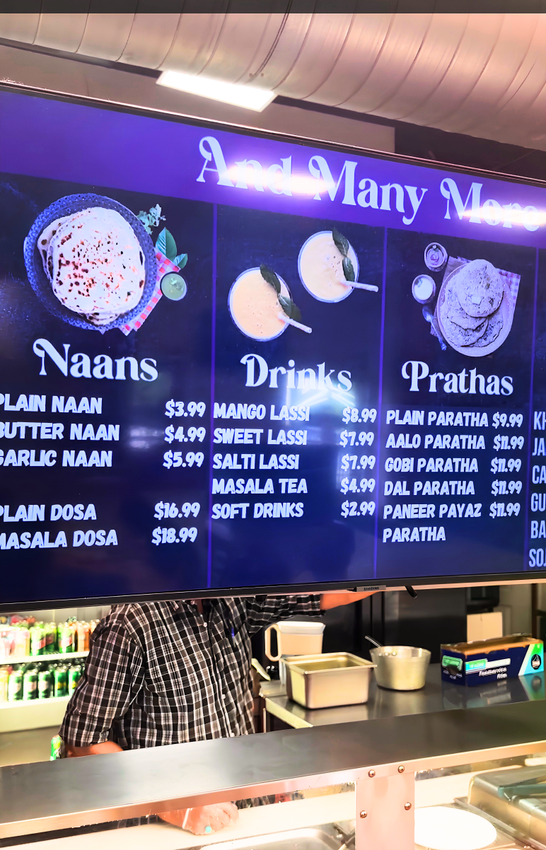 Indian menu at a food court stop